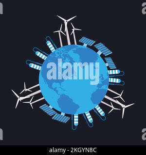 Utilisation de centrales électriques naturelles pour créer de l'électricité. Produire de l'énergie avec des moulins à vent et des panneaux solaires pour protéger l'environnement mondial. Économie de pow naturel Illustration de Vecteur