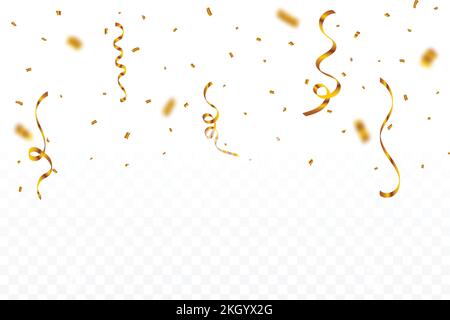 Confetti dorés isolés sur fond transparent. Vecteur confetti pour le fond du carnaval. Le ruban et les confettis de la fête d'or tombent. PA anniversaire Illustration de Vecteur