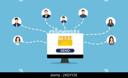 Vecteur de système de communication de messagerie de bureau. Concept d'envoi d'un e-mail à des amis. Communication d'entreprise avec un vecteur d'ordinateur portable. Transfert des informations de bureau Illustration de Vecteur