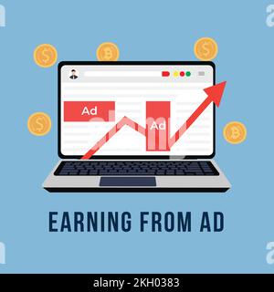 Tirer des bénéfices de publicités sur des sites Web ou des plateformes de médias sociaux concept. Gagner des points grâce au concept ADS avec un vecteur d'ordinateur portable. Des gains en ligne à partir de sites Web Illustration de Vecteur
