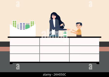 La vaccination d'un enfant dans un vecteur de concept d'hôpital. Une femme médecin donne des vaccins à un enfant. Design plat d'une femme médecin et d'un garçon avec s Illustration de Vecteur