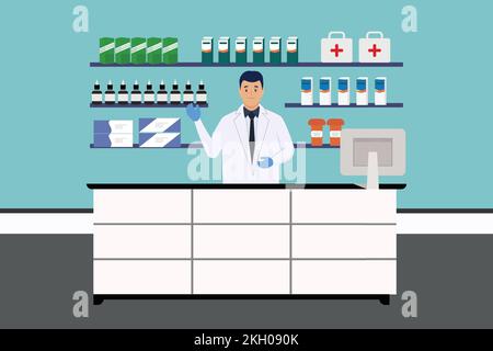 Un pharmacien à l'intérieur d'une pharmacie agitant un vecteur de main. Médecin caractère plat dans une pharmacie pleine de médecine et un moniteur d'ordinateur. Pharmacien sur une fron Illustration de Vecteur