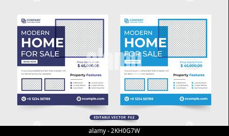 Modèle élégant d'affaires de vente à domicile pour le marketing de médias sociaux. Immobilier promotion d'entreprise web bannière vecteur avec des couleurs pourpre et bleu. Min Illustration de Vecteur
