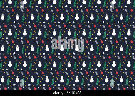 Motif de Noël minimaliste avec bonhomme de neige et boules de décoration. Motif de Noël sur fond sombre. Motif sans couture pour Boo Illustration de Vecteur
