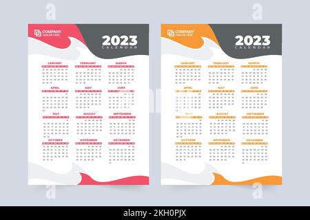 modèle de calendrier de la nouvelle année 2023 avec formes abstraites. Nouvelle année papeterie de bureau et décoration de calendrier mural avec des couleurs rouge et jaune. 2023 Illustration de Vecteur