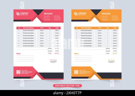 Modèle de facture minimal et vecteur de réception de prix avec formes abstraites. Vecteur de bons d'affaires et de reçus de caisse avec couleurs rouge et jaune. Paiement Illustration de Vecteur