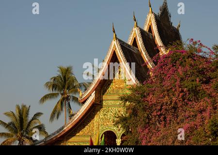 Vue sur le temple de Haw Pha Bang, avec son architecture caractéristique et sa décoration traditionnelle, à Luang Prabang, au Laos Banque D'Images
