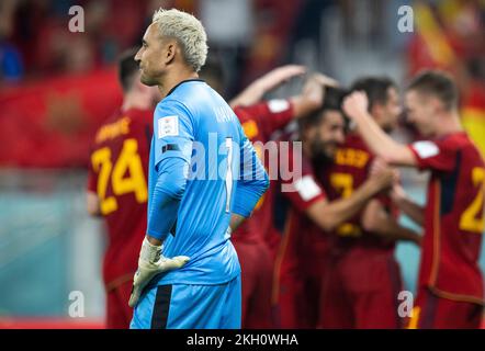 Doha, Qatar. 23rd novembre 2022. Keylor Navas, gardien de but du Costa Rica, réagit lors du match du Groupe E entre l'Espagne et le Costa Rica lors de la coupe du monde de la FIFA 2022 au stade Al Thumama à Doha, au Qatar, le 23 novembre 2022. Credit: Xiao Yijiu/Xinhua/Alamy Live News Banque D'Images