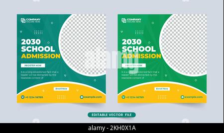 Modèle de post de médias sociaux d'admission à l'école créative avec formes abstraites. Vecteur de modèle de promotion de cours d'éducation et d'enseignement avec vert et jaune Illustration de Vecteur