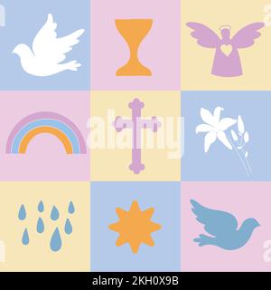 Arrière-plan bleu à carreaux avec symboles chrétiens. Motif sans couture. Illustration de Vecteur