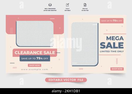 Vente en liquidation de post-conception de médias sociaux pour le marketing numérique et la promotion de boutique. Modèle de publicité de rabais en magasin avec vecteur rose et bleu Illustration de Vecteur