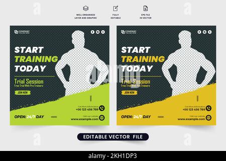 Moderne salle de gym business poster design avec photo placeholders. Les modèles de remise de la séance d'entraînement de gym sont verts et jaunes. Illustration de Vecteur