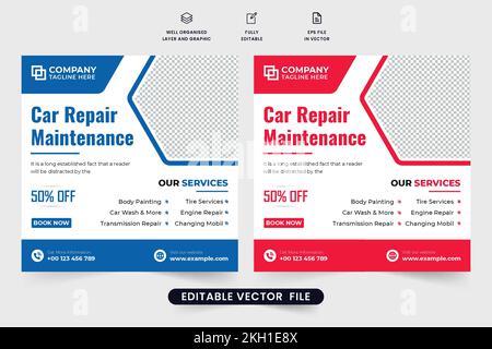 Modèle d'entreprise automobile avec couleurs rouge et bleu. Service de maintenance de voiture créatif médias sociaux post-vecteur pour le marketing numérique. Véhicule Illustration de Vecteur