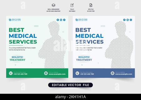 Modèle de service de santé clinique pour la publicité. Vecteur de post-média social d'hôpital moderne avec des couleurs vertes et bleues. Interdiction de Web de promotion médicale Illustration de Vecteur