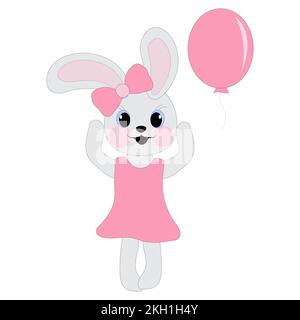 Lapin fille dans une robe rose et un noeud avec un ballon sur un fond blanc. Symbole de 2023. Illustration vectorielle. Illustration de Vecteur