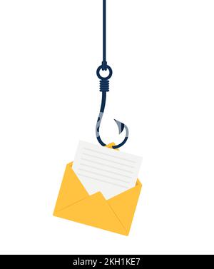 Crochet de pêche avec e-mail. Fraude à la pêche avec icône d'enveloppe de courrier. Piratage de compte et mot de passe de sécurité par hameçonnage. Concept d'escroquerie à plat. Falsification de message. Illustration de Vecteur