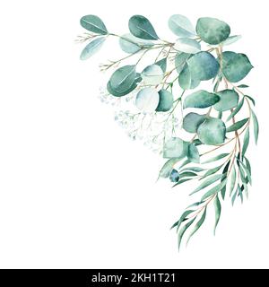 Bouquet de feuillage aquarelle, coin. Branches d'eucalyptus et de gitsophila. Bleu pur, saule, argent dollar, épépiné. Illustration botanique dessinée à la main Banque D'Images
