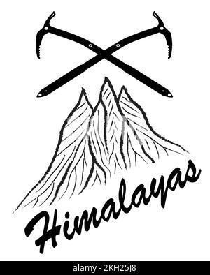 Montagnes et deux axes de glace avec texte Himalayas, vecteur logo illustration, noir et blanc Illustration de Vecteur