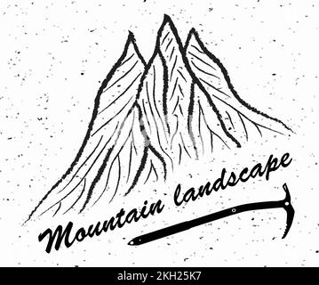 Montagnes et hache de glace avec texte Paysage de montagne, logo d'illustration vectorielle, noir et blanc Illustration de Vecteur