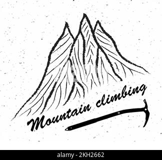 Montagnes et hache glacée avec texte escalade de montagne, logo d'illustration vectorielle, noir et blanc Illustration de Vecteur