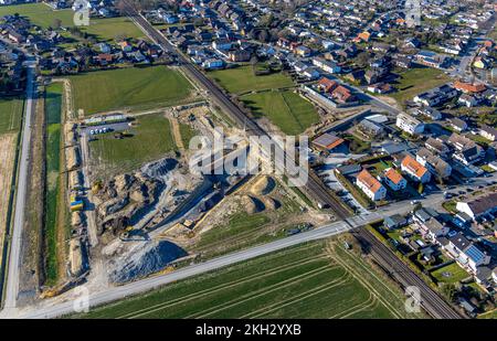 Vue aérienne, arrêt prévu à Westtünnen, chantier de construction à Südfeldweg et Von-Thünen-Straße pour le futur arrêt de train à Rhynern à Hamm, dans la région de Ruhr Banque D'Images