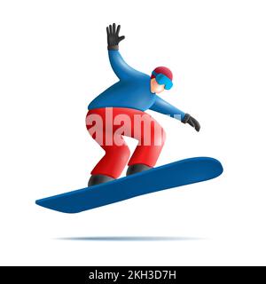 Course de saut de snowboard le snowboardeur 3D rend l'illustration du personnage dans des vêtements bleus et rouges Illustration de Vecteur