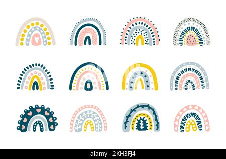Ensemble vectoriel abstrait arc-en-ciel. Arcs-en-ciel dessinés à la main dans un style scandinave minimaliste. Des illustrations modernes pour bébé et enfant. Illustration de Vecteur