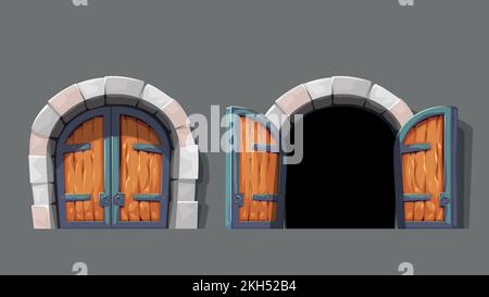 les portes médiévales s'ouvrent et se ferment dans l'ensemble Illustration de Vecteur