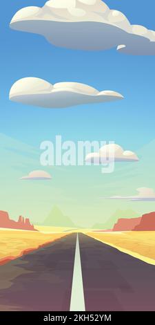 route droite dans le style de dessin animé du paysage désertique Illustration de Vecteur