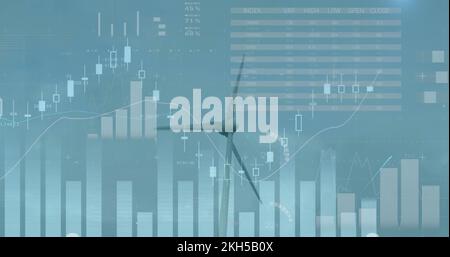 Image des éoliennes se déplaçant dans la campagne et du graphique de la bourse en augmentation et en diminution Banque D'Images