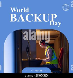 Composition du texte du jour de sauvegarde mondiale sur une femme caucasienne utilisant un ordinateur portable Banque D'Images