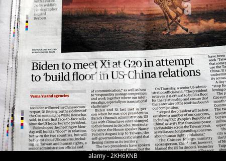 Le président Joe 'Biden va rencontrer Xi à G20 ans pour tenter de 'construire la parole' dans le titre du journal Guardian des relations avec la Chine américaine Banque D'Images