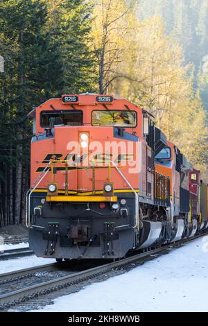 Skykomish, WA, États-Unis - 18 novembre 2022; le train de marchandises BNSF s'est arrêté à la fin de l'automne avec de la neige au sol Banque D'Images