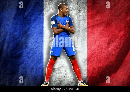 Kylian Mbappé et drapeau de la France Banque D'Images