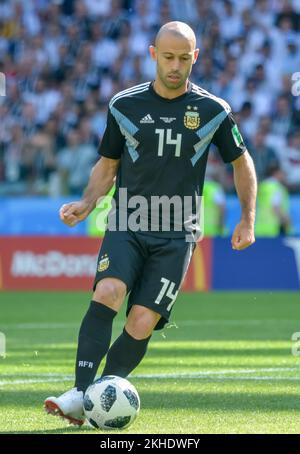 Moscou, Russie - 16 juin 2018. L'équipe nationale Argentine de football centre-arrière Javier Mascherano pendant la coupe du monde de la FIFA 2018 match Argentine contre l'Islande ( Banque D'Images