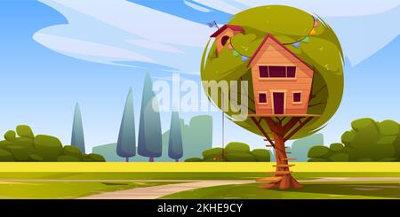 Maison d'arbre de dessin animé dans parc vert sous ciel bleu ensoleillé. Illustration vectorielle d'une cabane en bois confortable avec échelle et élastique accroché à la corde. Aire de jeux pour les enfants et Amuse-toi bien. Vacances d'été Illustration de Vecteur