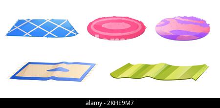 Tapis et tapis, tapis de sol pour le bain ou le chien de différentes formes, dessins et couleurs. Couverture de couches isolée, décoration intérieure avec imprimé décoratif, décoration chaleureuse, illustration vectorielle de dessin animé Illustration de Vecteur