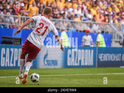 Samara, Russie – 21 juin 2018. Danemark l'attaquant de l'équipe nationale de football Andreas Cornelius lors de la coupe du monde de la FIFA 2018 match Danemark contre Australie (1-1). Banque D'Images