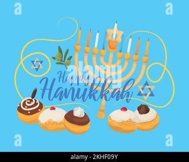 Carte de voeux ou carte postale happy Hanukkah, conçue avec des lettres et des symboles de vacances dessinés à la main. Illustration de Vecteur