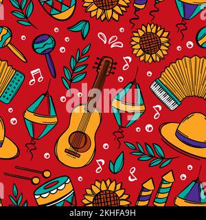 FESTA JUNINA June Festival Catholic Tradition Brazil Carnival Holiday Seamless Pattern with musical instruments on Red Background Vector Illustration Illustration de Vecteur