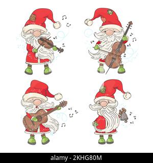 QUATRE SANTA dessiné à la main Merry Christmas nouvel an musicien dessin animé scénario de vacances ensemble pour l'impression Illustration de Vecteur