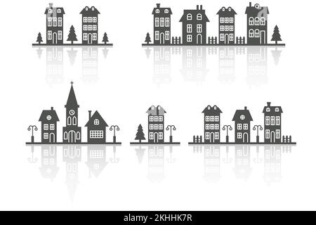 Paysage de quartier de banlieue. Silhouette de maisons et d'église sur la ligne d'horizon. Maisons de campagne. Illustration du vecteur glyphe avec réflexion. Illustration de Vecteur