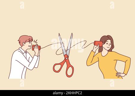 Homme et femme avec des tasses main appareil d'audition souffrent de mauvaise communication. Fil de raccordement coupé en ciseaux parlant couple. Illustration vectorielle. Illustration de Vecteur