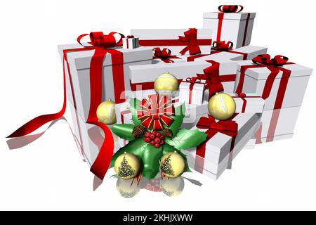 3D illustration. Forfaits cadeaux avec décoration de Noël. arrière-plan blanc. Banque D'Images