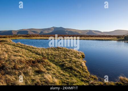 Vue sur l'un des étangs Mynydd Illtyd en direction des balises centrales de Brecon, y compris Pen y Fan à gauche et Corn du à droite, au sud du pays de Galles Banque D'Images