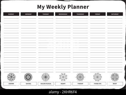Planificateur hebdomadaire avec 7 jours et chakras correspondants en anglais noir et blanc Illustration de Vecteur
