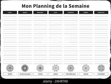 Planificateur hebdomadaire avec 7 jours et chakras correspondants en français noir et blanc Illustration de Vecteur