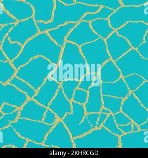 Gold kintsugi crack vector fond de motif sans couture. Lignes craquelées dorées et irrégulières sur fond bleu turquoise. Art japonais inspiré cassé Illustration de Vecteur