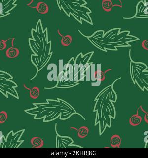 Fond de motif vectoriel sans couture avec baies rouges et feuilles. Toile de fond festive avec imprimé bois taillé à la main. Baies d'hiver et Illustration de Vecteur