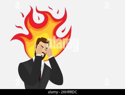 Homme en colère avec la tête sur le feu. Stressé homme d'affaires furieux avec le cerveau brûlant. Un homme malade épuisé, fatigué, avec un trouble mental, un surmenage et un surmenage. Concept d'illustration de personne agacée. Vecteur Illustration de Vecteur